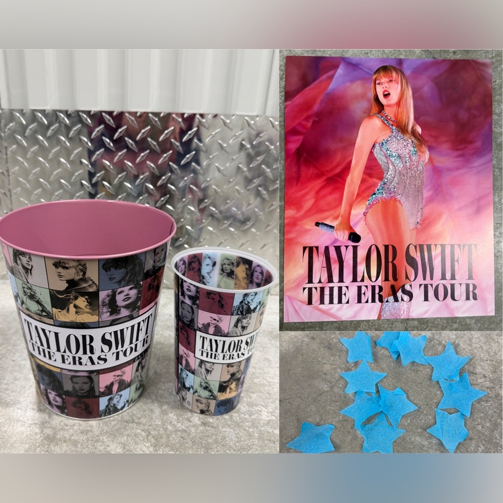 Taylor Swift The Eras Tour Metal Popcorn Bucket, Cup 8x10 Poster Confetti Bundle